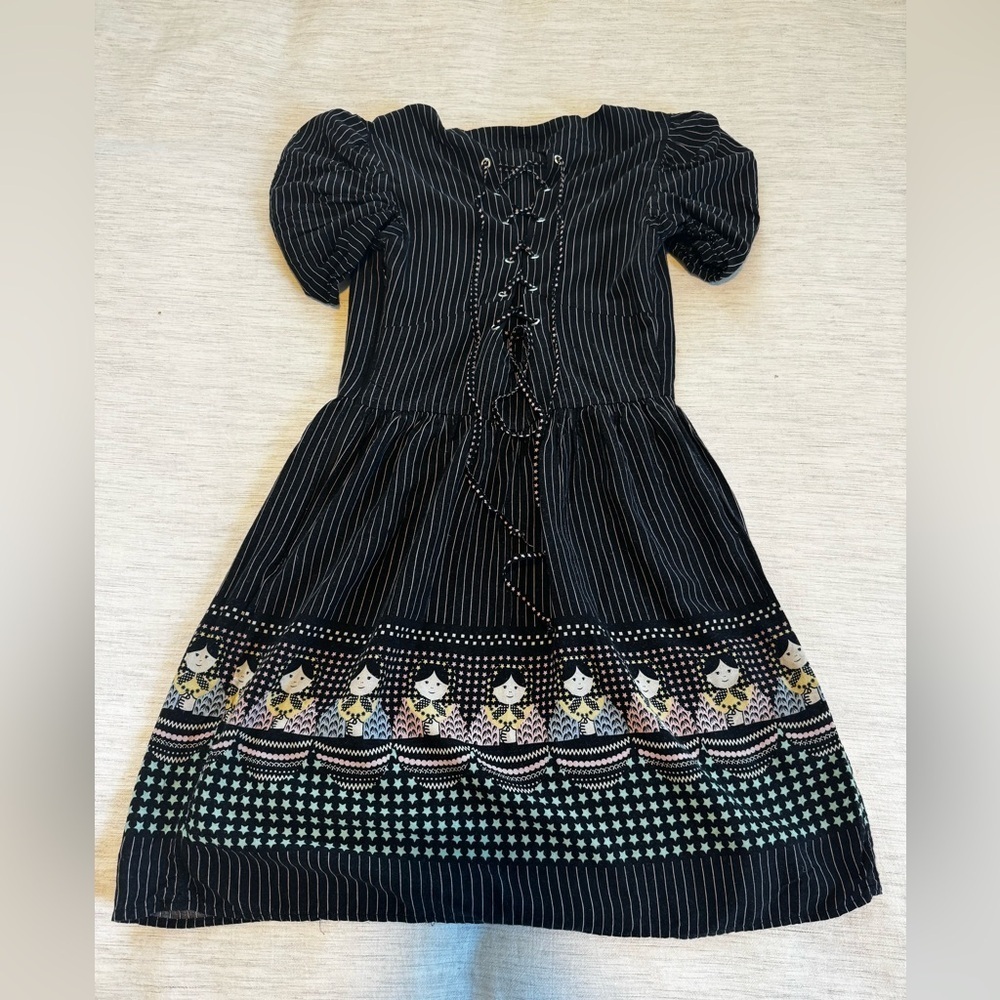 Antix Pinstripe Puff Sleeve Dress with Storybook Border Print - Picture 3 of 5